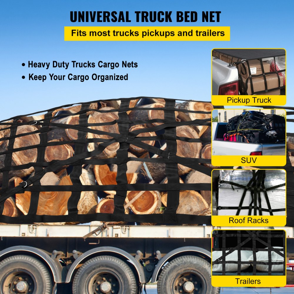 VEVOR 4400lbs Truck Bed Cargo Net 5.5x4.2ft 4 S-Hook Straps Reinforced Truck Cargo Net