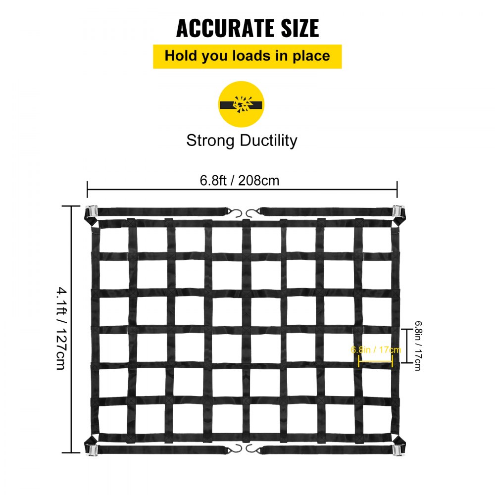 VEVOR Cargo Net with Mesh, Truck Bed Cargo Net Capacity 1100LBS, Heavy Duty Cargo Nets with Cam Buckles & S-Hooks for Pickup Trucks (6.8 x 4.1 ft)
