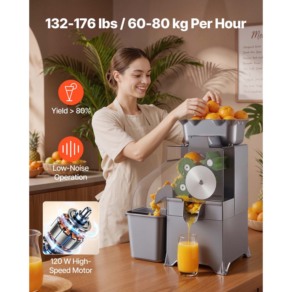 VEVOR Commercial Orange Juicer Machine, Slow Masticating Juicer Extractor, 100W Electric Orange Juice Squeezer, Lemon Citrus Pomegranates Extractor, with Peel Collecting Bucket and PC Cover
