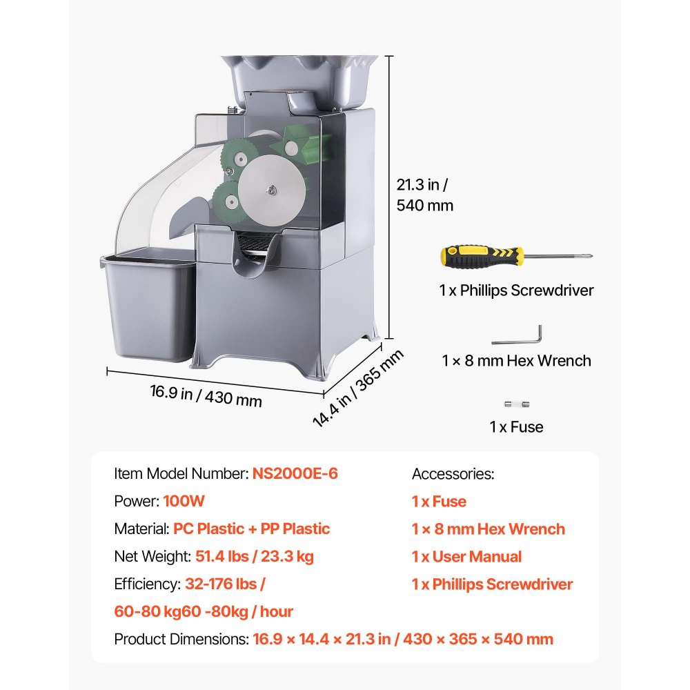 VEVOR Commercial Orange Juicer Machine, Slow Masticating Juicer Extractor, 100W Electric Orange Juice Squeezer, Lemon Citrus Pomegranates Extractor, with Peel Collecting Bucket and PC Cover