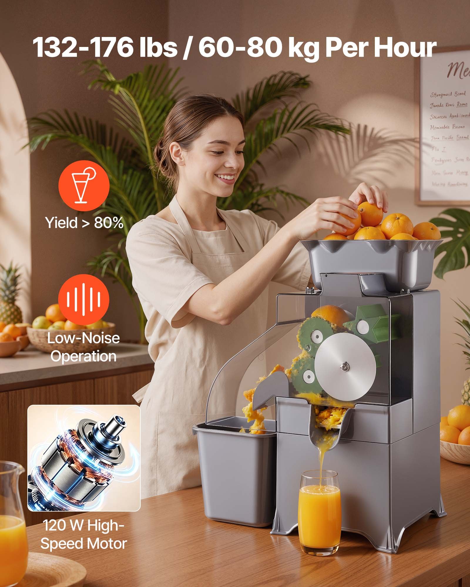 VEVOR Commercial Orange Juicer Machine, Slow Masticating Juicer Extractor, 100W Electric Orange Juice Squeezer, Lemon Citrus Pomegranates Extractor, with Peel Collecting Bucket and PC Cover