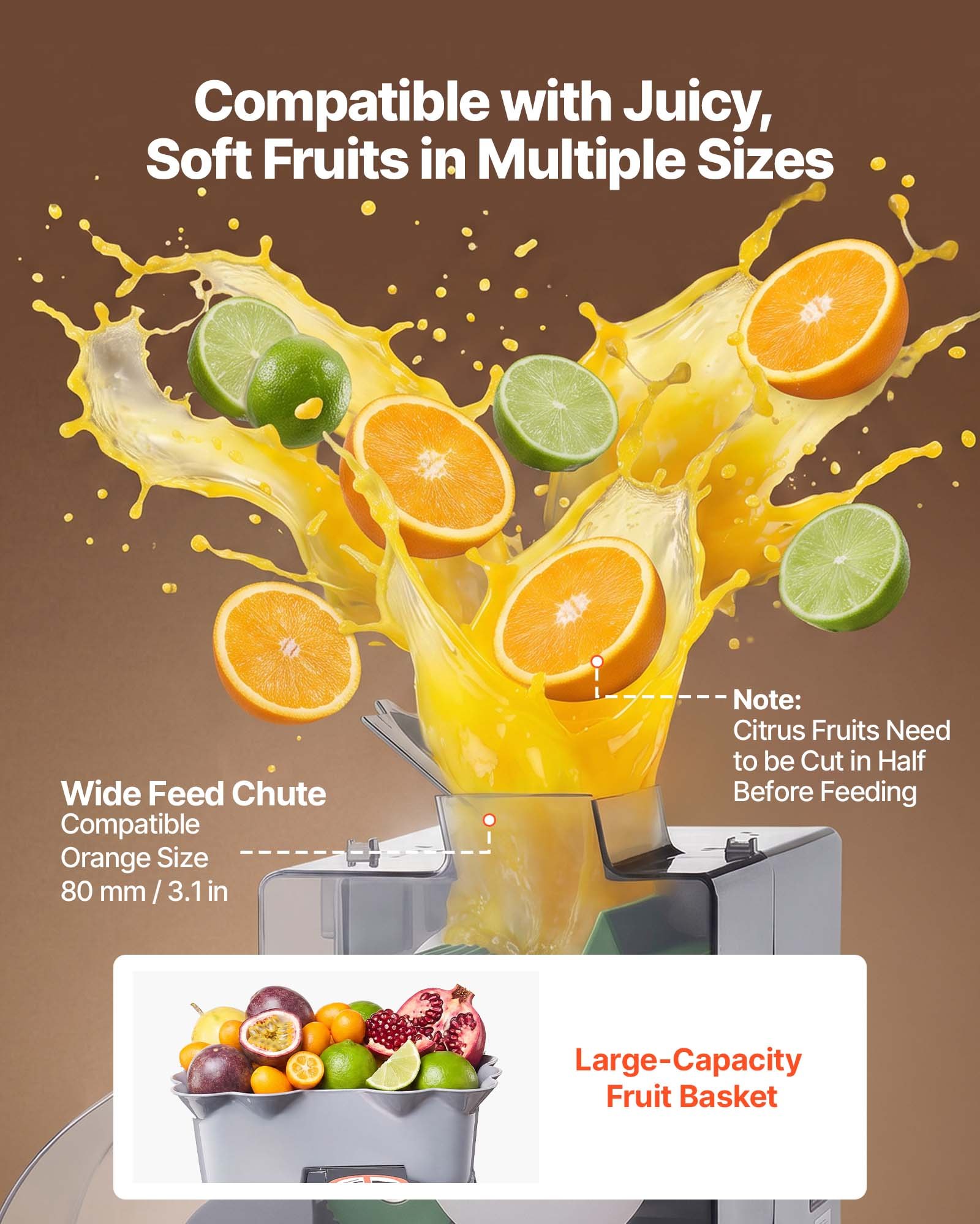VEVOR Commercial Orange Juicer Machine, Slow Masticating Juicer Extractor, 100W Electric Orange Juice Squeezer, Lemon Citrus Pomegranates Extractor, with Peel Collecting Bucket and PC Cover