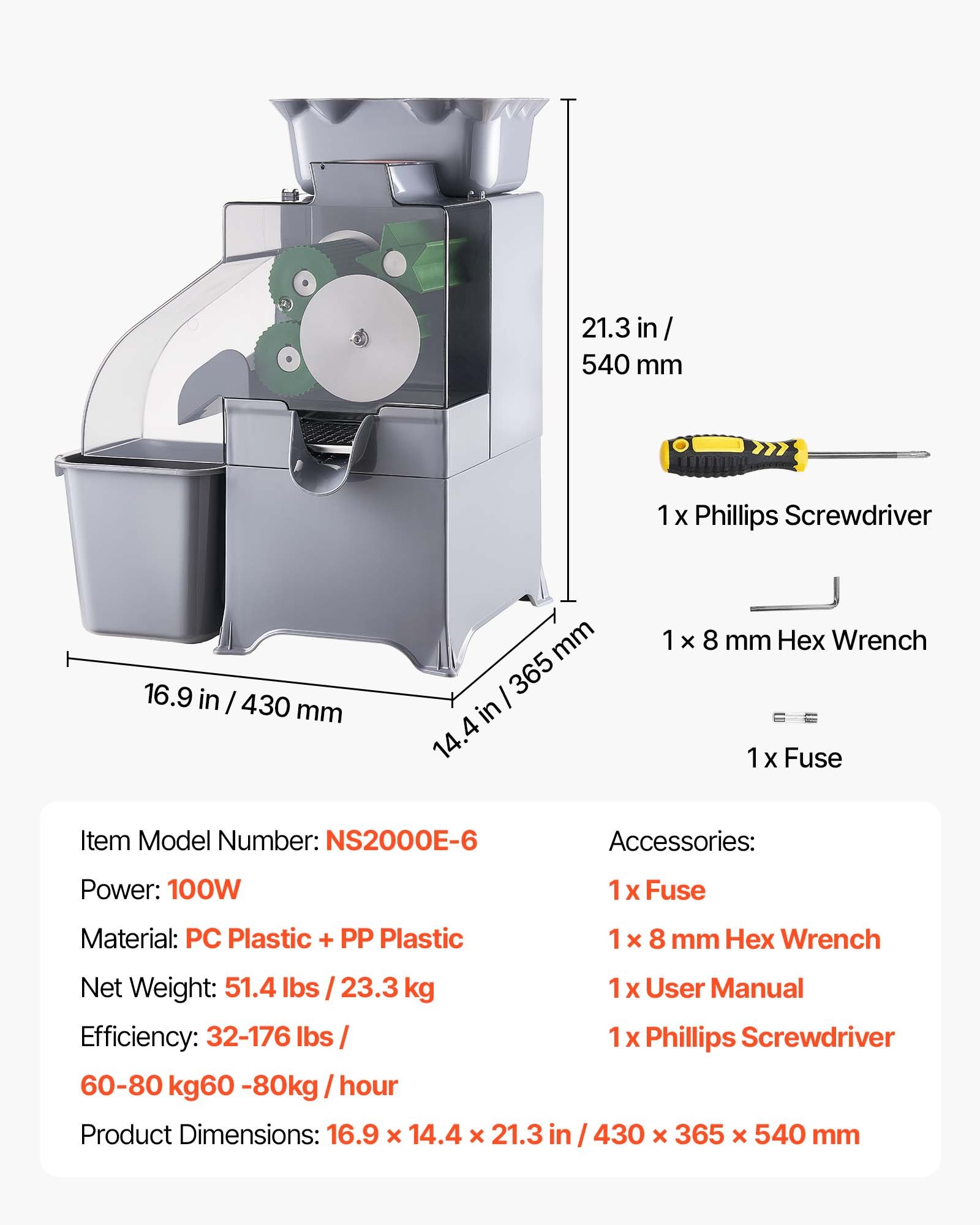 VEVOR Commercial Orange Juicer Machine, Slow Masticating Juicer Extractor, 100W Electric Orange Juice Squeezer, Lemon Citrus Pomegranates Extractor, with Peel Collecting Bucket and PC Cover