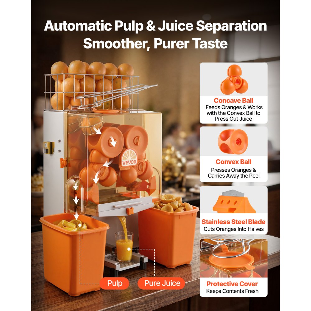 VEVOR Commercial Orange Juicer Machine, 120W Electric Orange Juice Press, Stainless Steel Orange Squeezer for 20 per Minute, Lemon Citrus Pomegranates Extractor with Peels Collecting Bucket