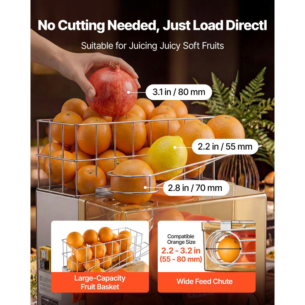 VEVOR Commercial Orange Juicer Machine, 120W Electric Orange Juice Press, Stainless Steel Orange Squeezer for 20 per Minute, Lemon Citrus Pomegranates Extractor with Peels Collecting Bucket