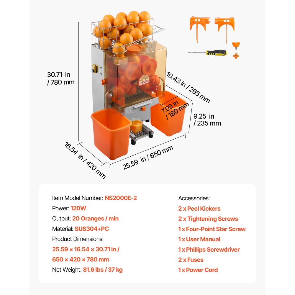 VEVOR Commercial Orange Juicer Machine, 120W Electric Orange Juice Press, Stainless Steel Orange Squeezer for 20 per Minute, Lemon Citrus Pomegranates Extractor with Peels Collecting Bucket