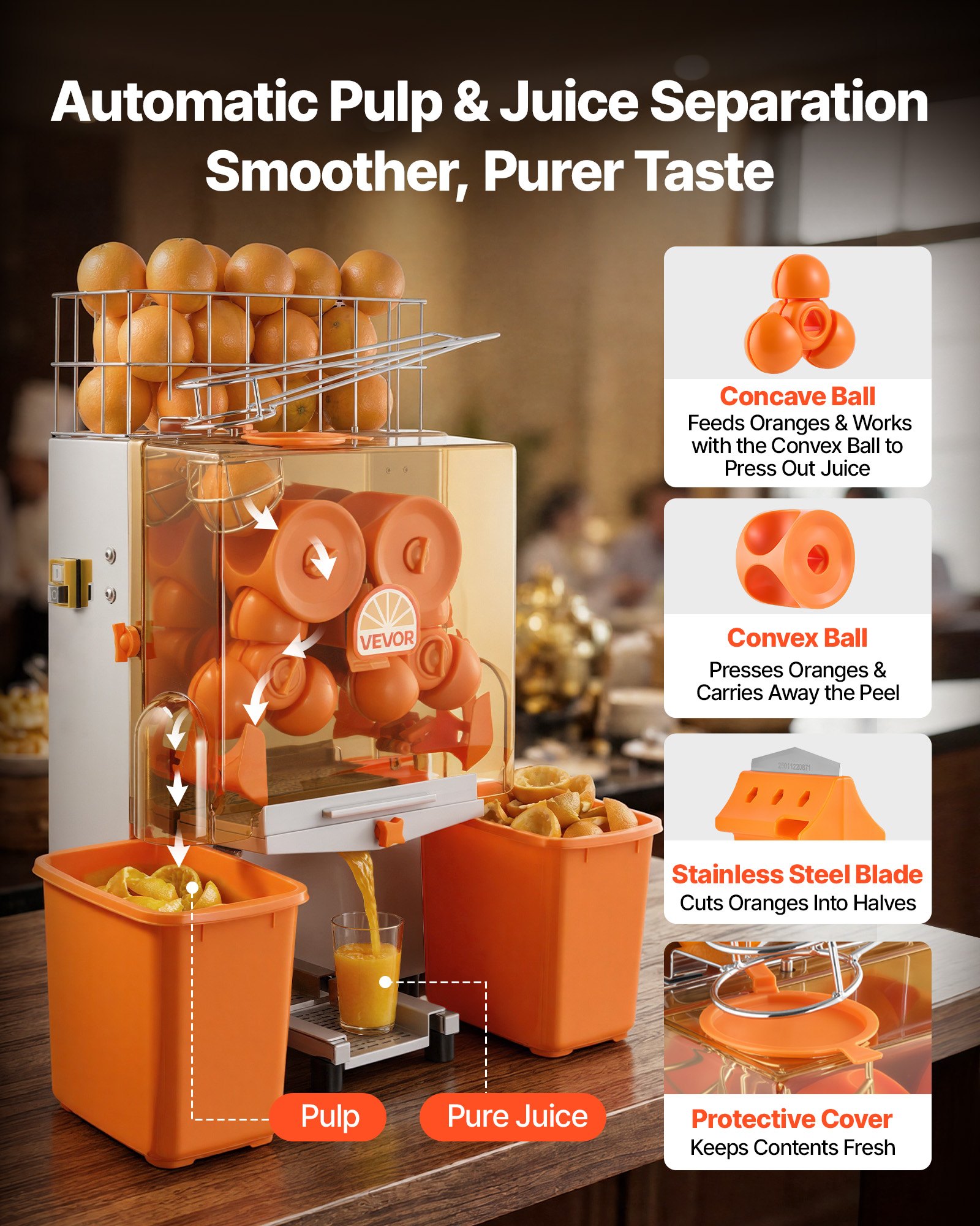 VEVOR Commercial Orange Juicer Machine, 120W Electric Orange Juice Press, Stainless Steel Orange Squeezer for 20 per Minute, Lemon Citrus Pomegranates Extractor with Peels Collecting Bucket