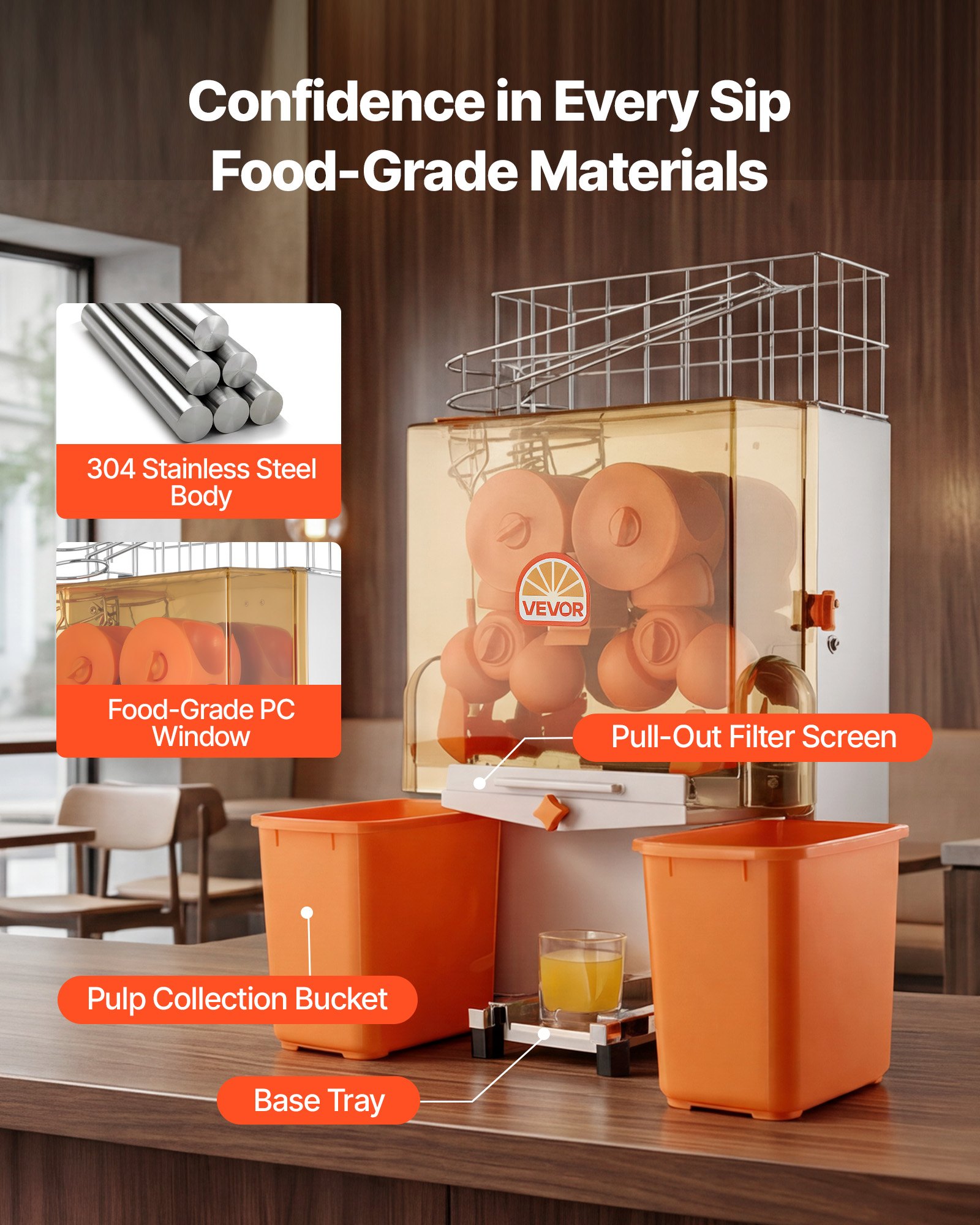 VEVOR Commercial Orange Juicer Machine, 120W Electric Orange Juice Press, Stainless Steel Orange Squeezer for 20 per Minute, Lemon Citrus Pomegranates Extractor with Peels Collecting Bucket