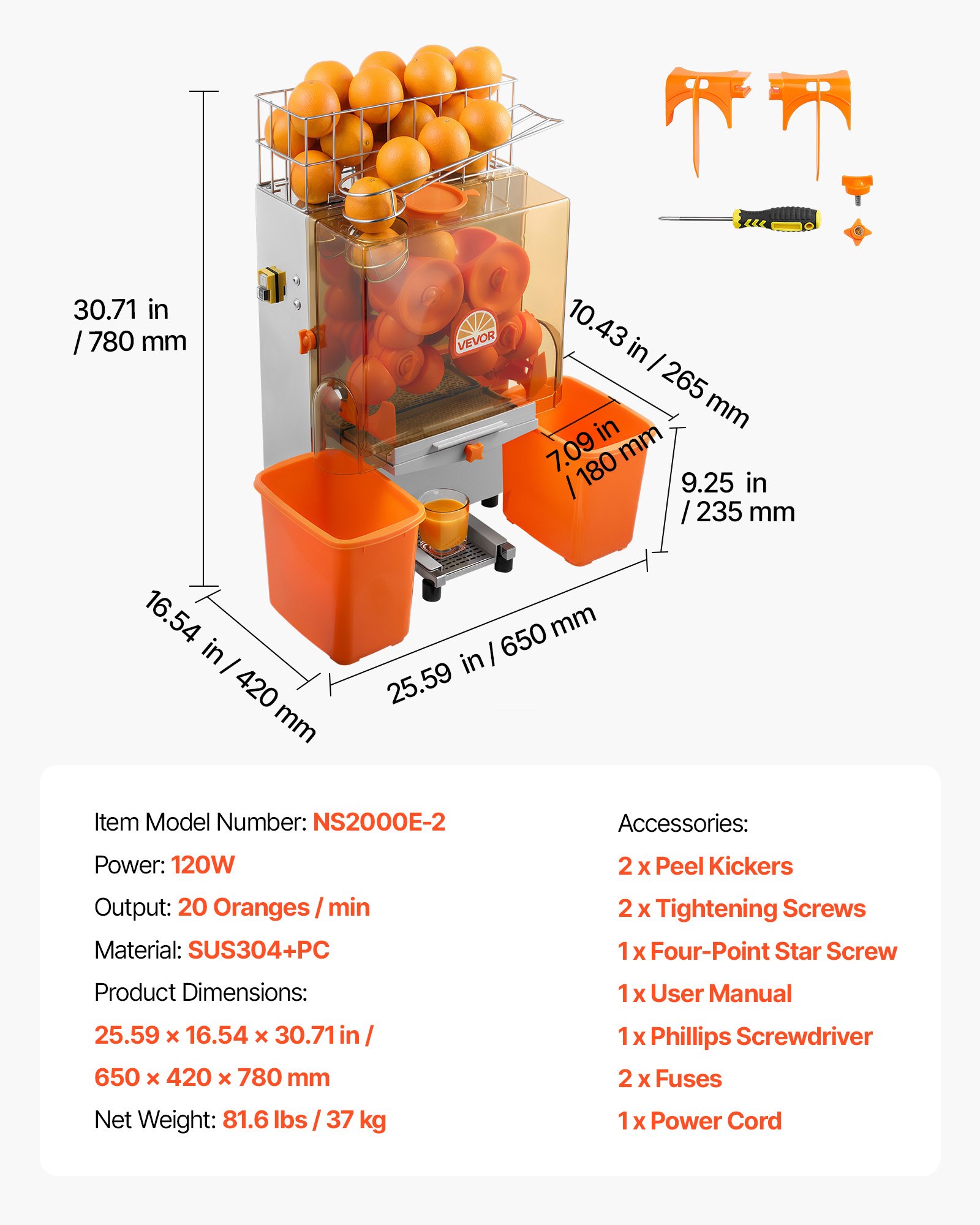 VEVOR Commercial Orange Juicer Machine, 120W Electric Orange Juice Press, Stainless Steel Orange Squeezer for 20 per Minute, Lemon Citrus Pomegranates Extractor with Peels Collecting Bucket