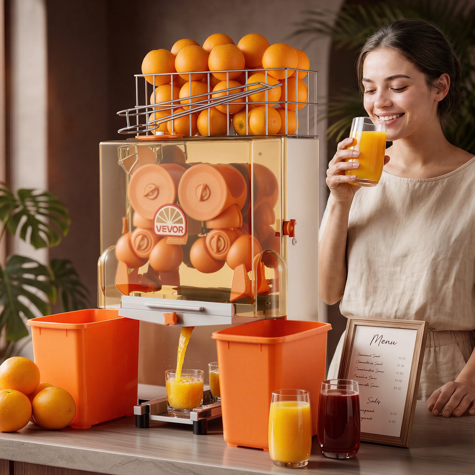 VEVOR Commercial Orange Juicer Machine, 120W Electric Orange Juice Press, Stainless Steel Orange Squeezer for 20 per Minute, Lemon Citrus Pomegranates Extractor with Peels Collecting Bucket