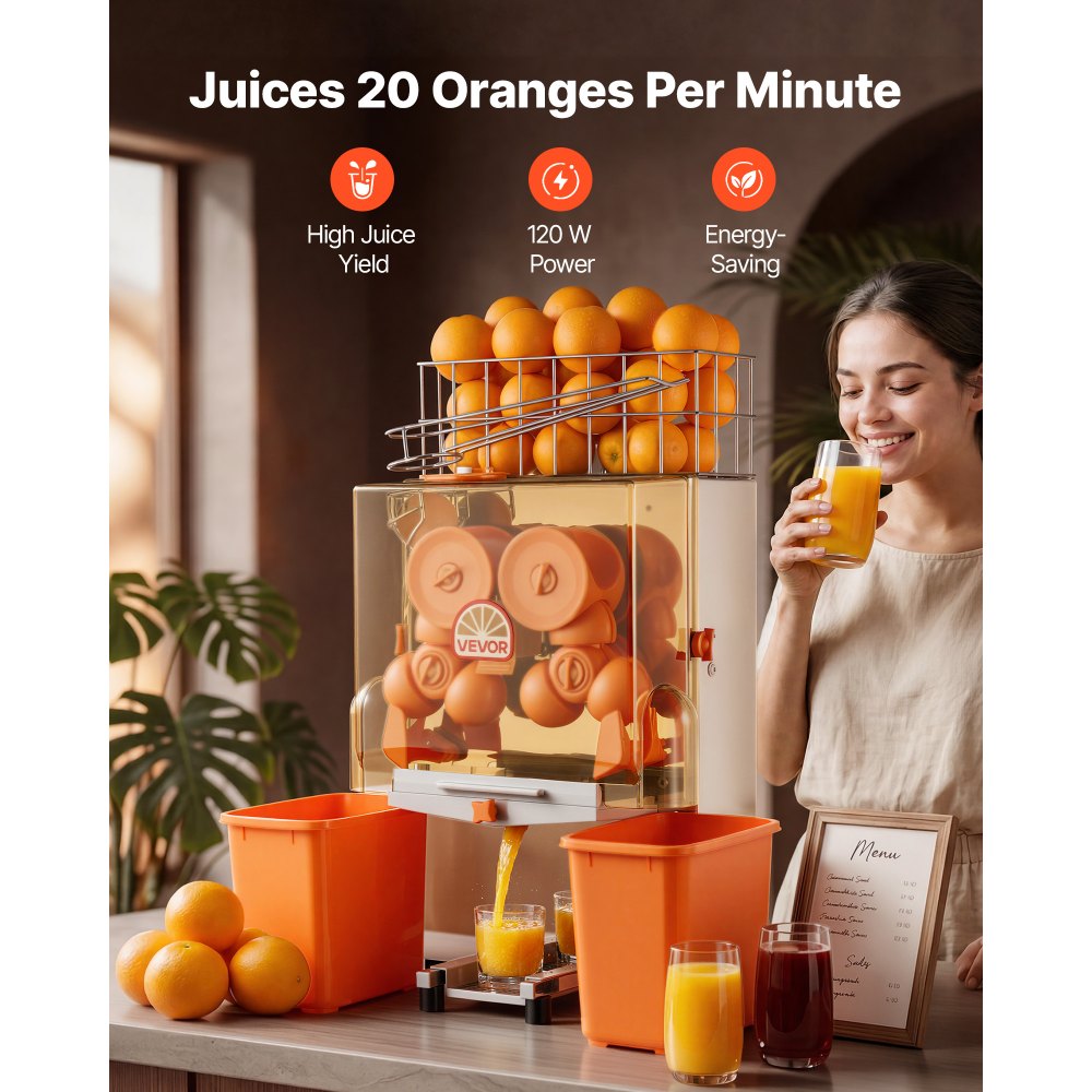 VEVOR Commercial Orange Juicer Machine, 120W Electric Orange Juice Press, Stainless Steel Orange Squeezer for 20 per Minute, Lemon Citrus Pomegranates Extractor with Peels Collecting Bucket