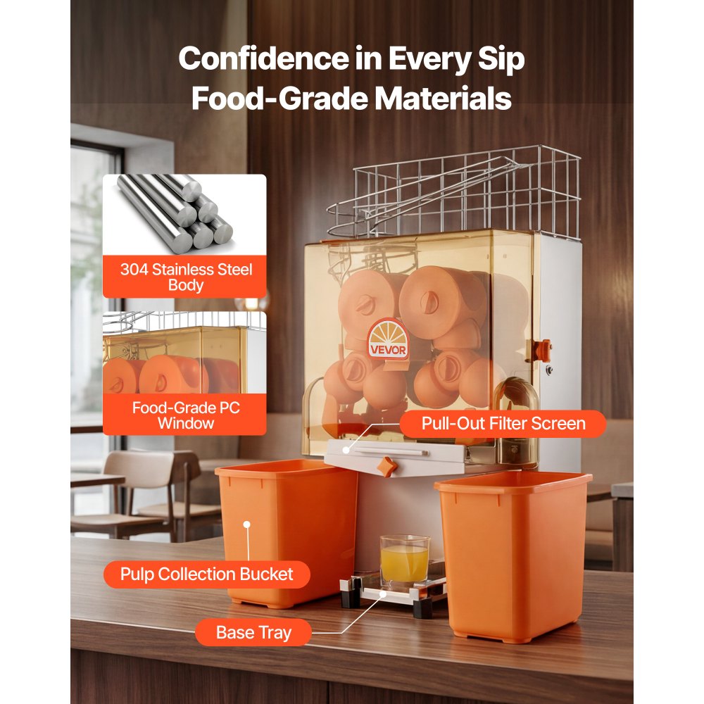 VEVOR Commercial Orange Juicer Machine, 120W Electric Orange Juice Press, Stainless Steel Orange Squeezer for 20 per Minute, Lemon Citrus Pomegranates Extractor with Peels Collecting Bucket