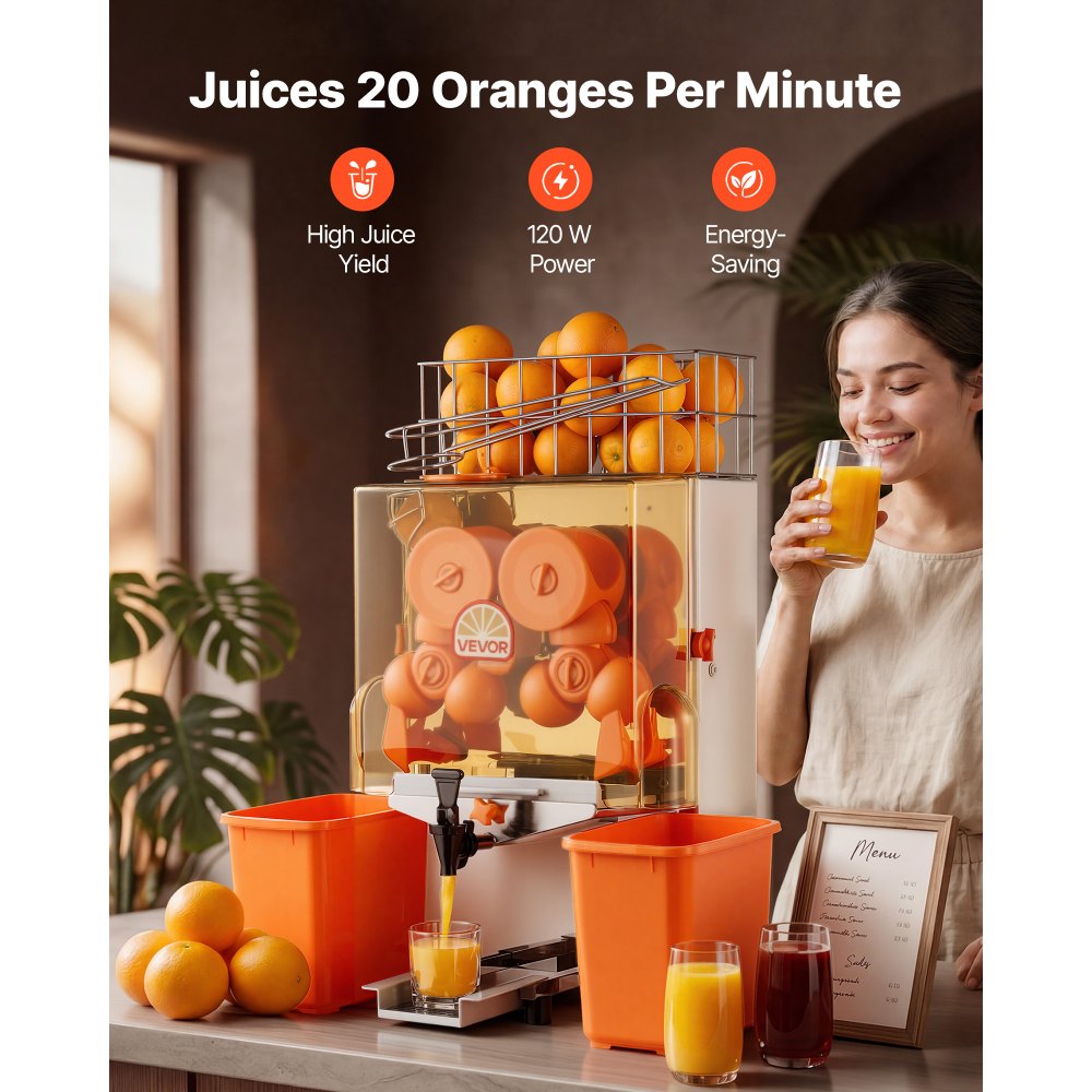 VEVOR Commercial Orange Juicer Machine, 120W Electric Orange Juice Press, Stainless Steel Orange Squeezer for 20 per Minute, Lemon Citrus Pomegranates Extractor with Water Tap, Peels Collecting Bucket