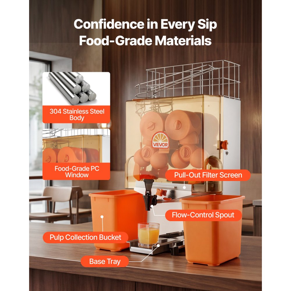 VEVOR Commercial Orange Juicer Machine, 120W Electric Orange Juice Press, Stainless Steel Orange Squeezer for 20 per Minute, Lemon Citrus Pomegranates Extractor with Water Tap, Peels Collecting Bucket