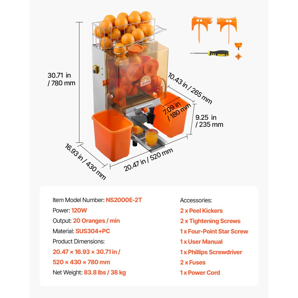 VEVOR Commercial Orange Juicer Machine, 120W Electric Orange Juice Press, Stainless Steel Orange Squeezer for 20 per Minute, Lemon Citrus Pomegranates Extractor with Water Tap, Peels Collecting Bucket