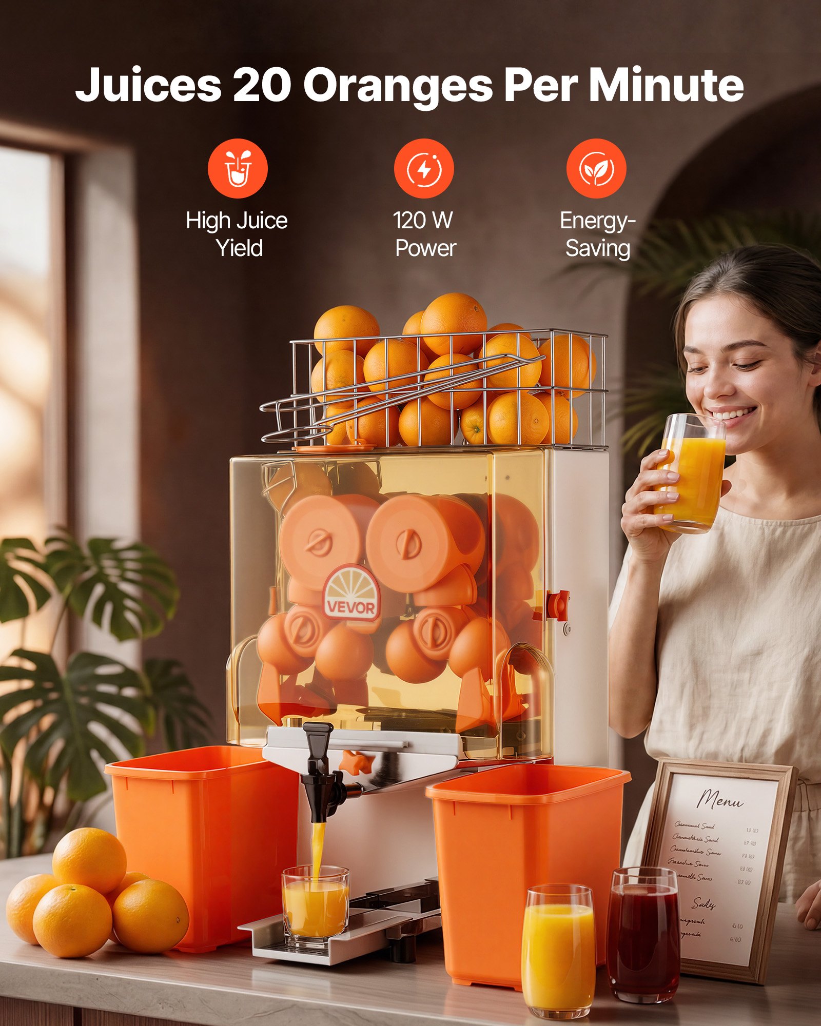 VEVOR Commercial Orange Juicer Machine, 120W Electric Orange Juice Press, Stainless Steel Orange Squeezer for 20 per Minute, Lemon Citrus Pomegranates Extractor with Water Tap, Peels Collecting Bucket
