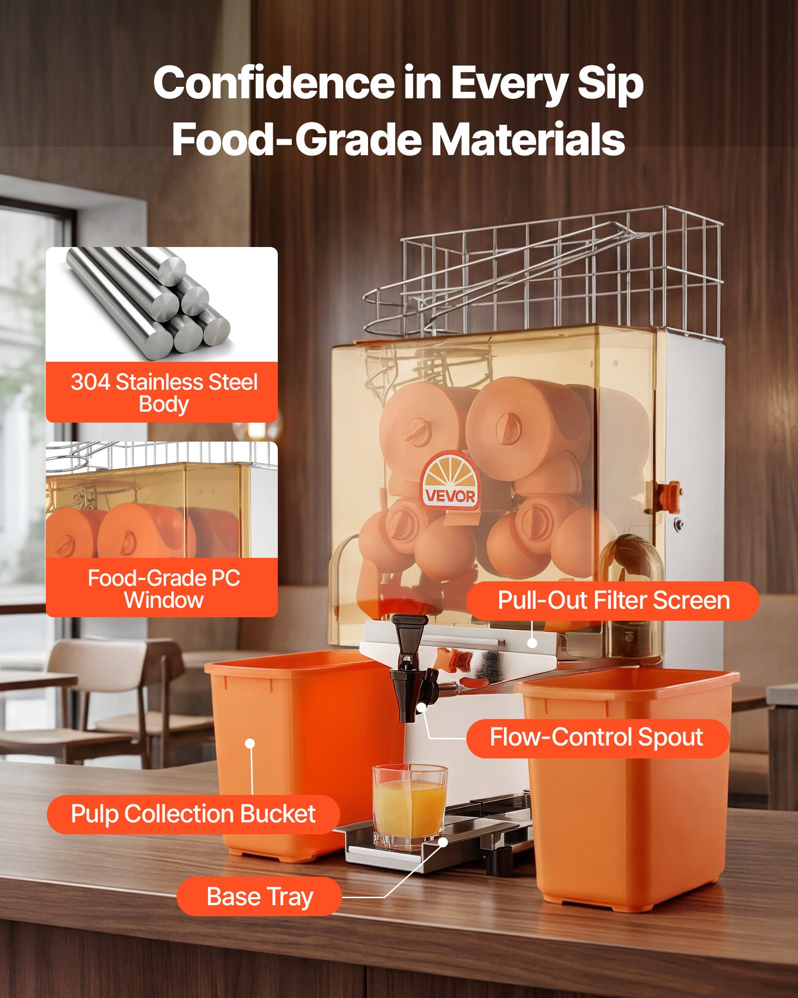 VEVOR Commercial Orange Juicer Machine, 120W Electric Orange Juice Press, Stainless Steel Orange Squeezer for 20 per Minute, Lemon Citrus Pomegranates Extractor with Water Tap, Peels Collecting Bucket