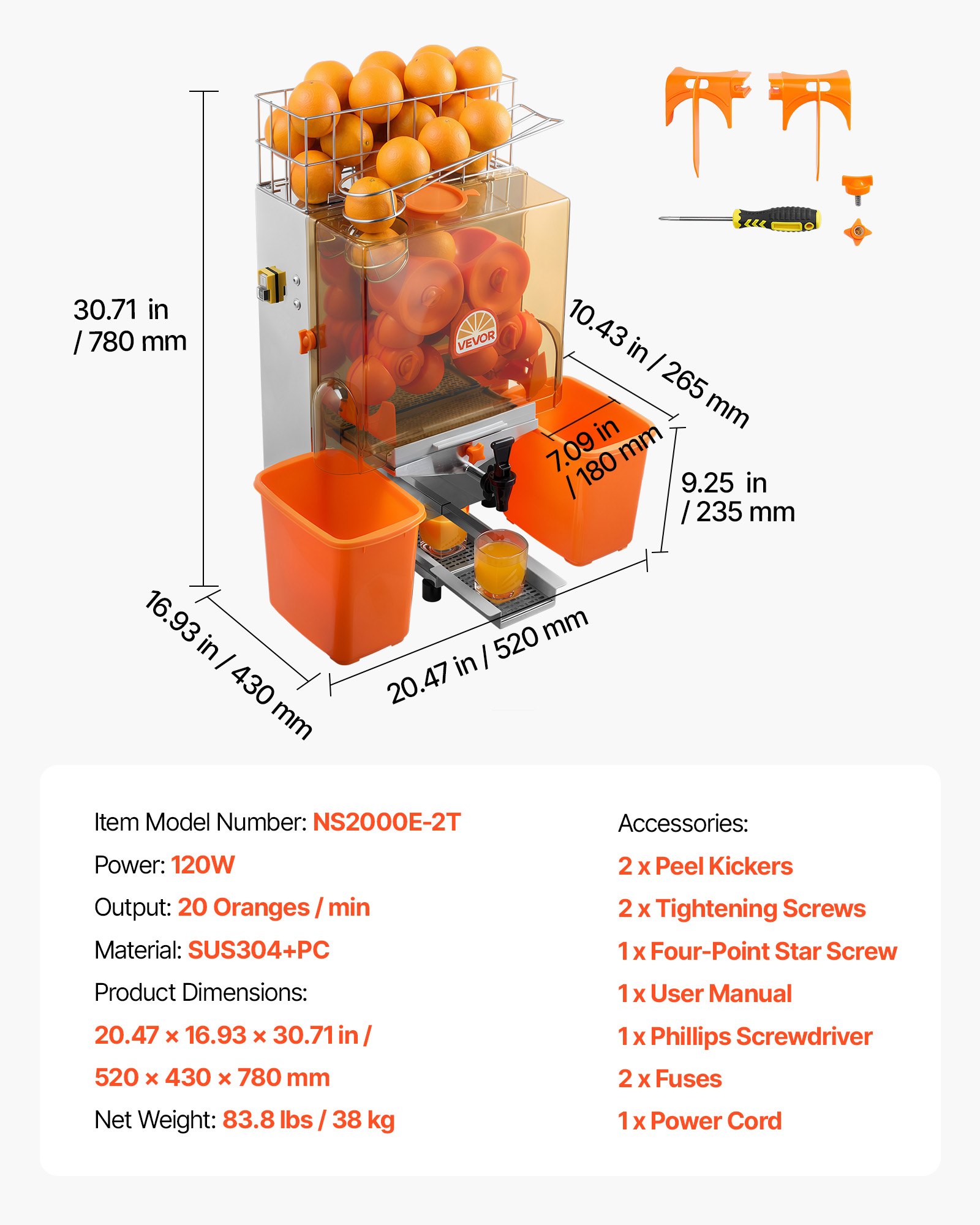 VEVOR Commercial Orange Juicer Machine, 120W Electric Orange Juice Press, Stainless Steel Orange Squeezer for 20 per Minute, Lemon Citrus Pomegranates Extractor with Water Tap, Peels Collecting Bucket