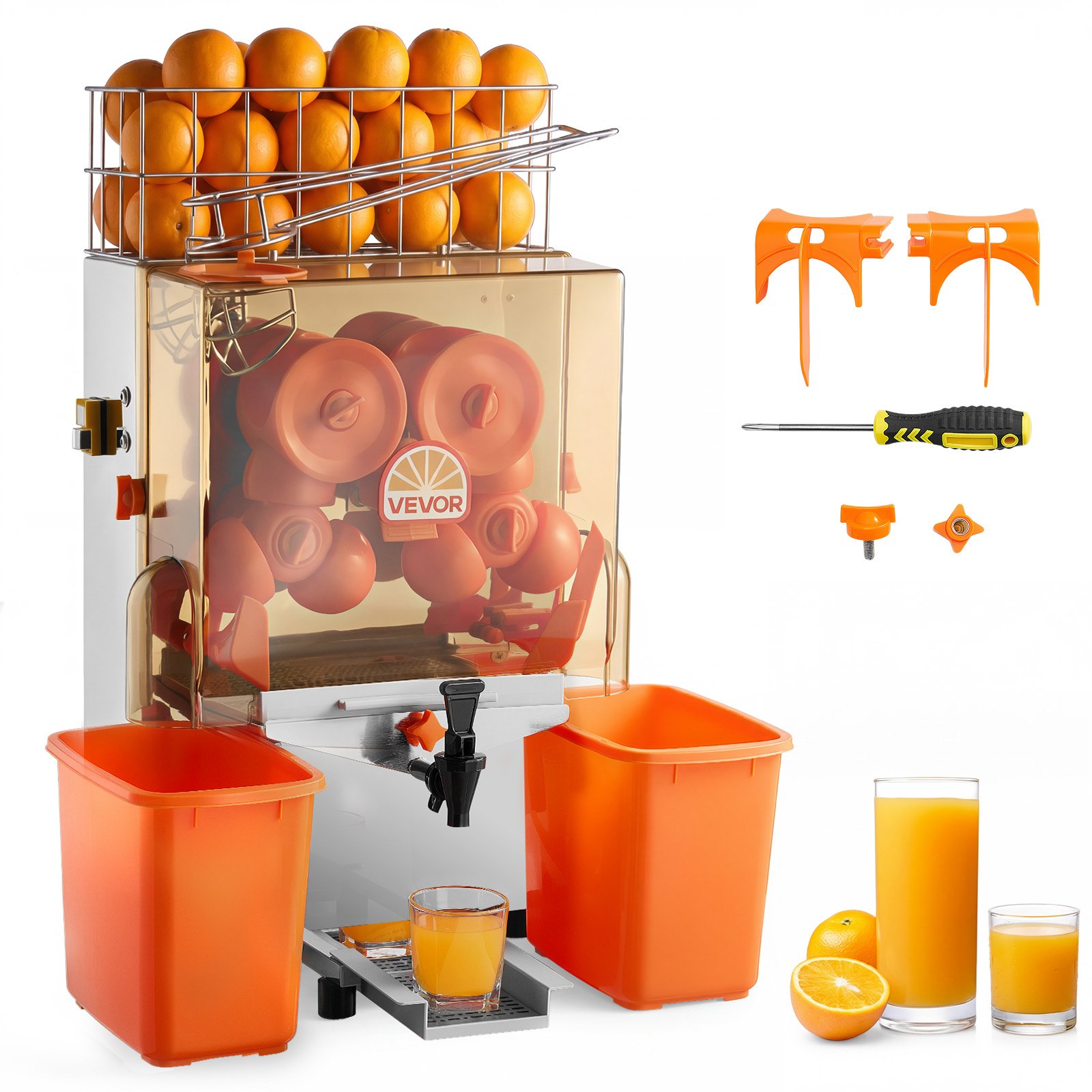VEVOR Commercial Orange Juicer Machine, 120W Electric Orange Juice Press, Stainless Steel Orange Squeezer for 20 per Minute, Lemon Citrus Pomegranates Extractor with Water Tap, Peels Collecting Bucket
