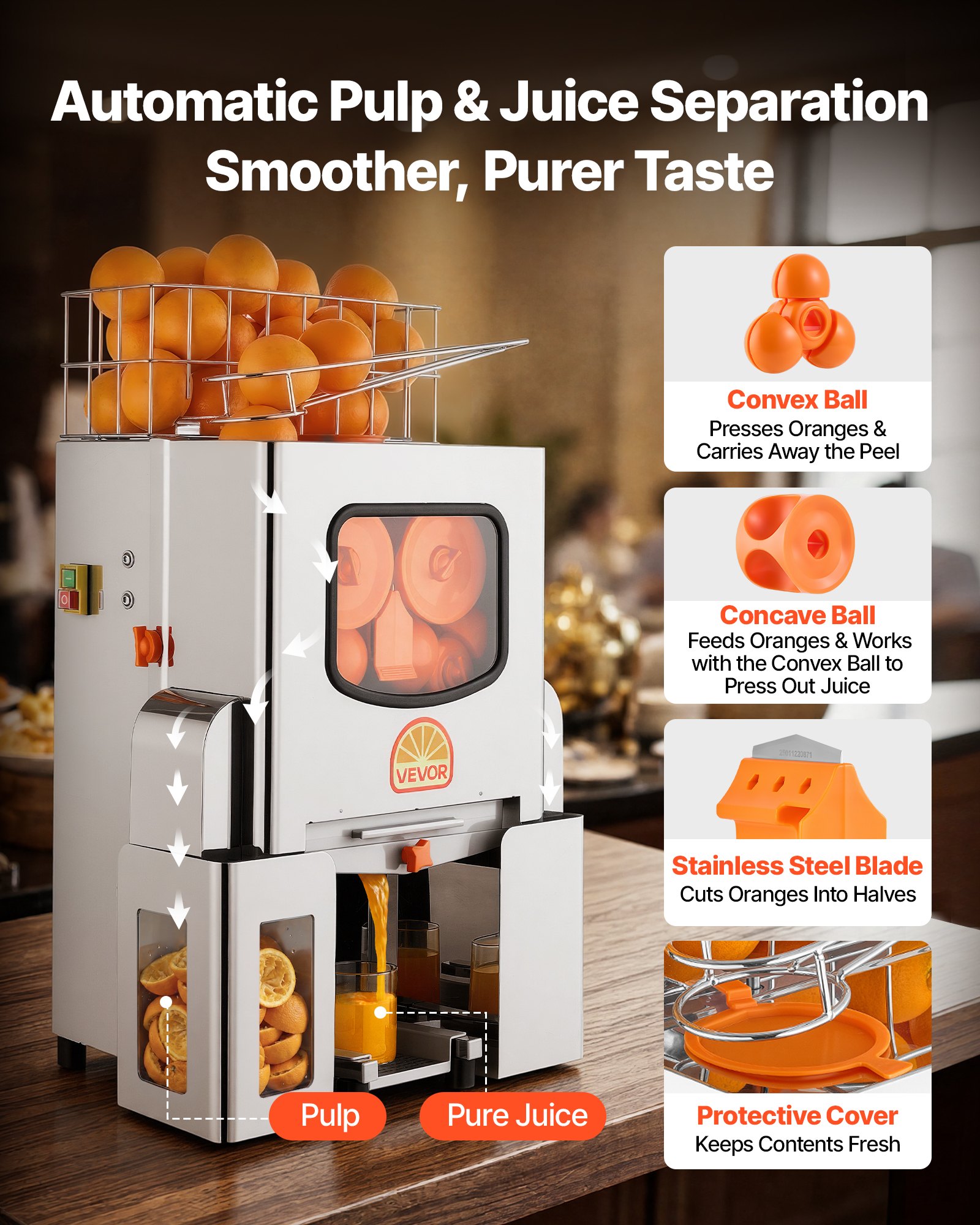 VEVOR Commercial Orange Juicer Machine, 120W Electric Orange Juice Press, Stainless Steel Orange Squeezer for 20 per Minute, Lemon Citrus Pomegranates Extractor with Peels Collecting Bucket