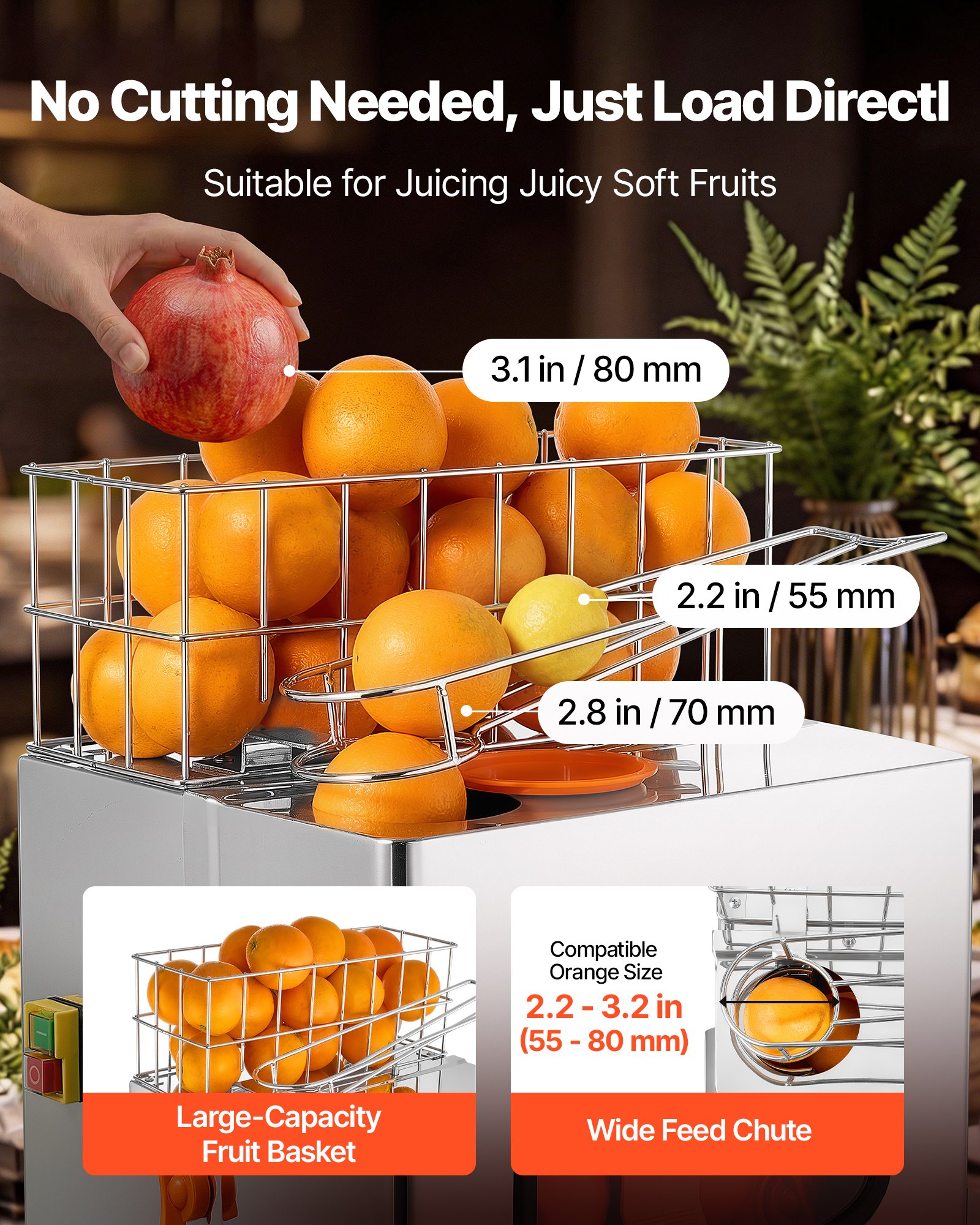 VEVOR Commercial Orange Juicer Machine, 120W Electric Orange Juice Press, Stainless Steel Orange Squeezer for 20 per Minute, Lemon Citrus Pomegranates Extractor with Peels Collecting Bucket