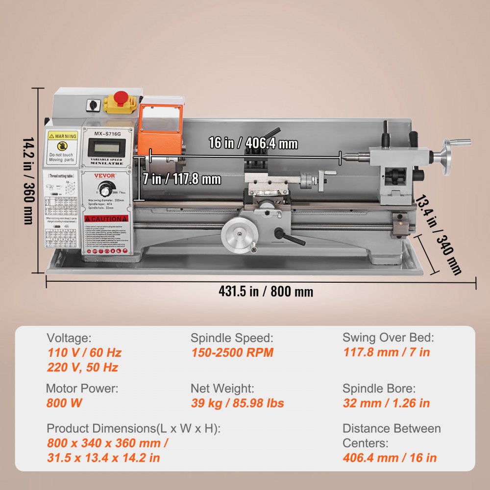 VEVOR Mini Metal Lathe Machine, 17.8 cm x 40.7 cm, 800W Precision Benchtop Power Metal Lathe, 150-2500 RPM Continuously Variable Speed, with 9.9 cm 3-jaw Metal Chuck Tool Box for Processing Precision Parts
