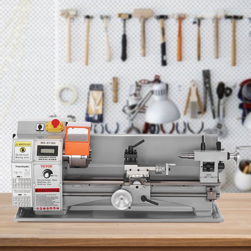 VEVOR Mini Metal Lathe Machine, 17.8 cm x 40.7 cm, 800W Precision Benchtop Power Metal Lathe, 150-2500 RPM Continuously Variable Speed, with 9.9 cm 3-jaw Metal Chuck Tool Box for Processing Precision Parts