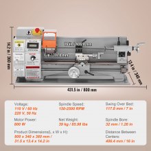 VEVOR Mini Metal Lathe Machine, 180 x 400 mm, 800W Precision Benchtop Power Metal Lathe, 150-2500 RPM Continuously Variable Speed, with 3-jaw Metal Chuck Tool Box for Processing Precision Parts
