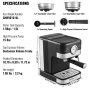 VEVOR espresso machine cm8501d-ul with 15 bar pump, 1.5l tank, double layer filters, and measuring spoon.