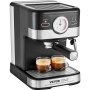 VEVOR espresso machine brewing two cups of espresso with a sleek black and stainless steel design.