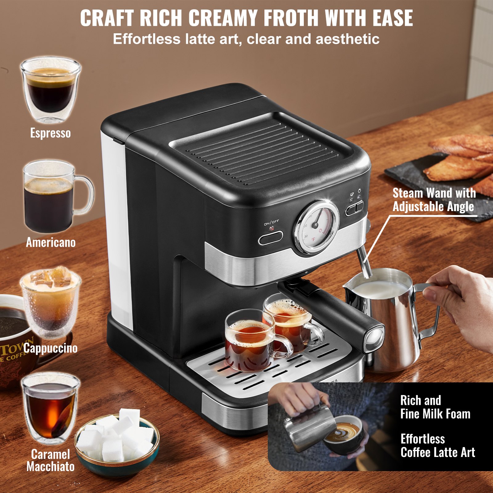 Espresso Machine, 15 Bar Semi-Automatic Espresso Maker with Milk Frother Steam Wand for Latte and Cappuccino, Professional Coffee Maker with Temp Gauge & Removable Water Tank, NTC Control System Espresso Machine, 15 Bar Semi-Automatic Espresso Maker with Milk Frother Steam Wand for Latte and Cappuccino, Professional Coffee Maker with Temp Gauge & Removable Water Tank, NTC Control System