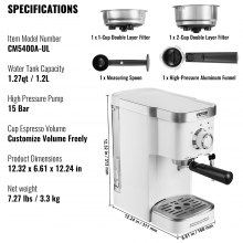 VEVOR Espresso Coffee Machine, 15Bar Semi-Automatic Espresso Maker with Milk Frother Steam Wand, Professional Cappuccino Latte Machine with High-Power Boiler & Removable Water Tank, NTC Control System
