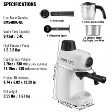Machine à expresso VEVOR, machine à expresso 3,5 bars avec mousseur à lait, machine à café/expresso professionnelle 4 tasses avec jauge de température et réservoir d'eau amovible pour latte cappuccino, système de contrôle NTC