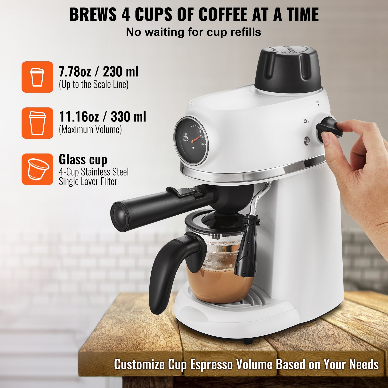 Espresso Machine, 3.5 Bar Espresso Maker with Milk Frother Steam Wand, 4-Cup Professional Coffee/Espresso Machine with Temp Gauge & Removable Water Tank for Latte Cappuccino, NTC Control System Espresso Machine, 3.5 Bar Espresso Maker with Milk Frother Steam Wand, 4-Cup Professional Coffee/Espresso Machine with Temp Gauge & Removable Water Tank for Latte Cappuccino, NTC Control System