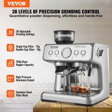 VEVOR Espresso Machine with Grinder, 15 Bar Semi Automatic Espresso Coffee Maker with Milk Frother Steam Wand, Removable Water Tank & Pressure Gauge for Cappuccino, Latte, Machiato, PID Control System