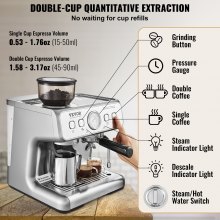 VEVOR Espresso Machine with Grinder, 15 Bar Semi Automatic Espresso Coffee Maker with Milk Frother Steam Wand, Removable Water Tank & Pressure Gauge for Cappuccino, Latte, Machiato, PID Control System