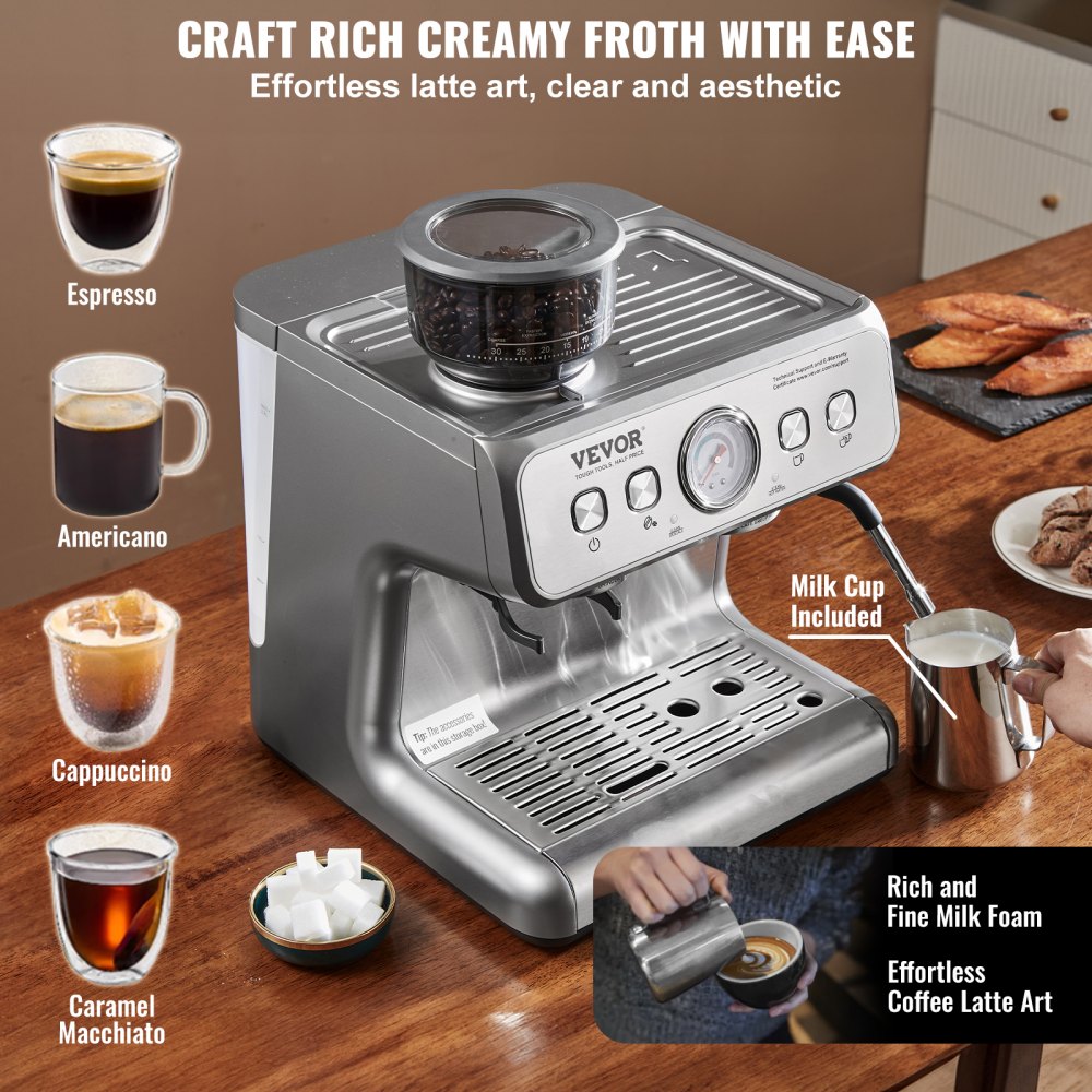 VEVOR Espresso Machine with Grinder, 15 Bar Semi Automatic Espresso Coffee Maker with Milk Frother Steam Wand, Removable Water Tank & Pressure Gauge for Cappuccino, Latte, Machiato, PID Control System