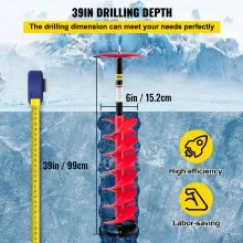 VEVOR Ice Drill Auger, 6\" Diameter Nylon Ice Auger, 39\" Length Ice Auger Bit,Auger Drill with 11.8\" Extension Rod,Auger Bit with Drill Adapter,Top Plate & Blade Guard for Ice Fishing Ice Burrowing