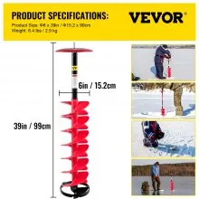 VEVOR Ice Drill Auger, 6\" Diameter Nylon Ice Auger, 39\" Length Ice Auger Bit,Auger Drill with 11.8\" Extension Rod,Auger Bit with Drill Adapter,Top Plate & Blade Guard for Ice Fishing Ice Burrowing
