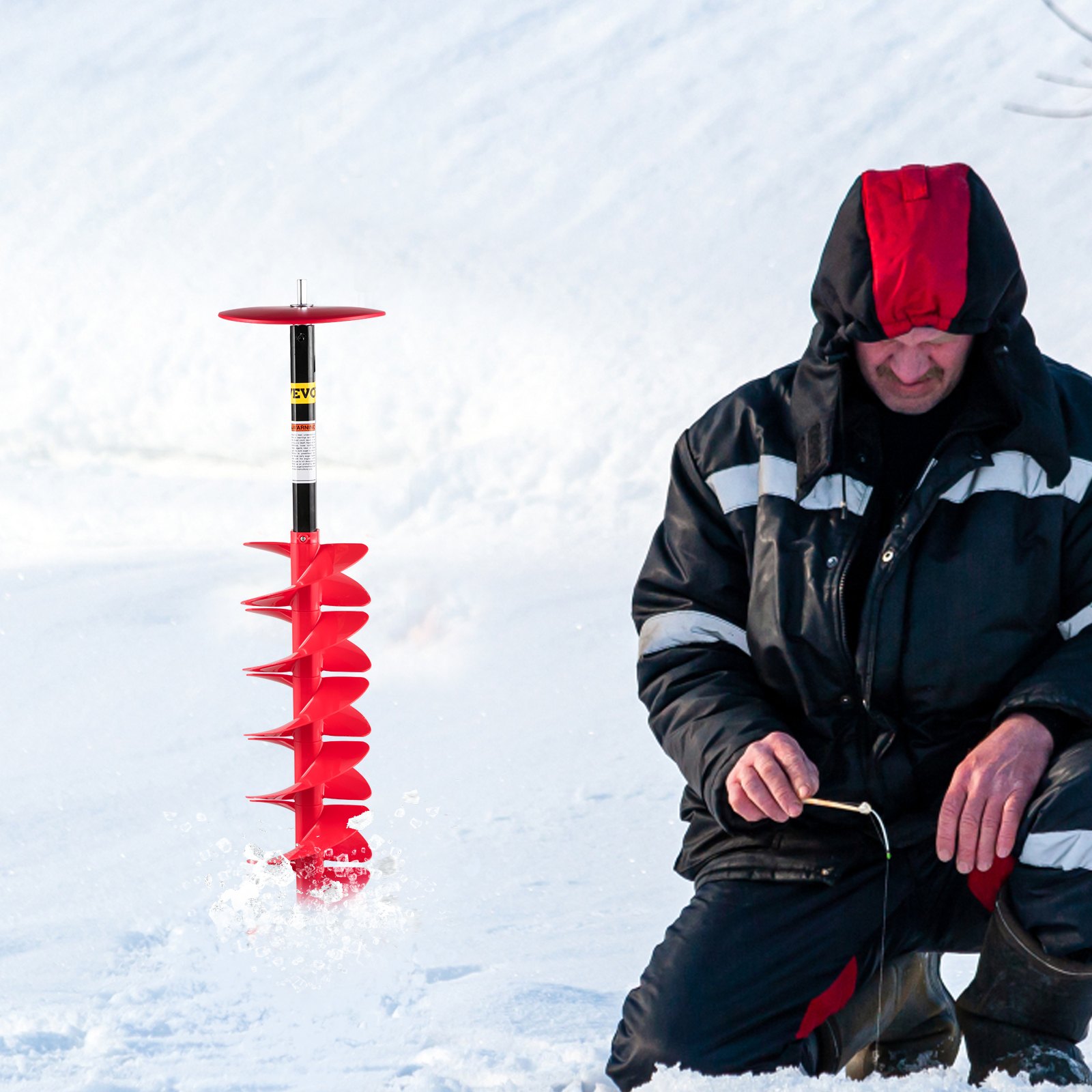 VEVOR Ice Drill Auger, 8" Diameter Nylon Ice Auger, 39" Length Ice Auger Bit,Auger Drill with 11.8" Extension Rod,Auger Bit w/Drill Adapter,Top Plate & Blade Guard for Ice Fishing Ice Burrowing Red