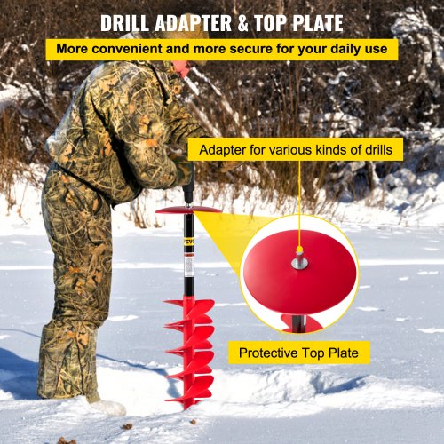 VEVOR Ice Drill Auger, 8'' Diameter Nylon Ice Auger, 41'' Length Ice Auger Bit, Auger Drill w/ 14'' Adjustable Extension Rod, Rubber Handle, Drill Adapter, Replaceable Auger Blade for Ice Fishing Red