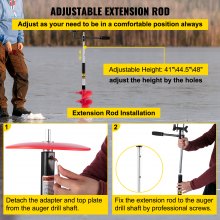 VEVOR Ice Drill Auger, 8" Diameter 41" Length Nylon Ice Auger, Auger Drill w/ 14" Adjustable Extension Rod, Rubber Handle, Drill Adapter, Replaceable Auger Blade for Ice Fishing Ice Burrowing Red
