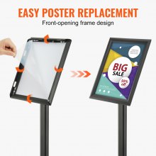 VEVOR Pedestal Sign Holder, 21.59x 27.94 cm Vertical and Horizontal Adjustable Poster Stand, Heavy-Duty Floor Standing Sign Holder with Metal Base for Display, Advertisement, and Outdoor, Black