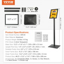 VEVOR Pedestal Sign Holder, 21.59x 27.94 cm Vertical and Horizontal Adjustable Poster Stand, Heavy-Duty Floor Standing Sign Holder with Metal Base for Display, Advertisement, and Outdoor, Black