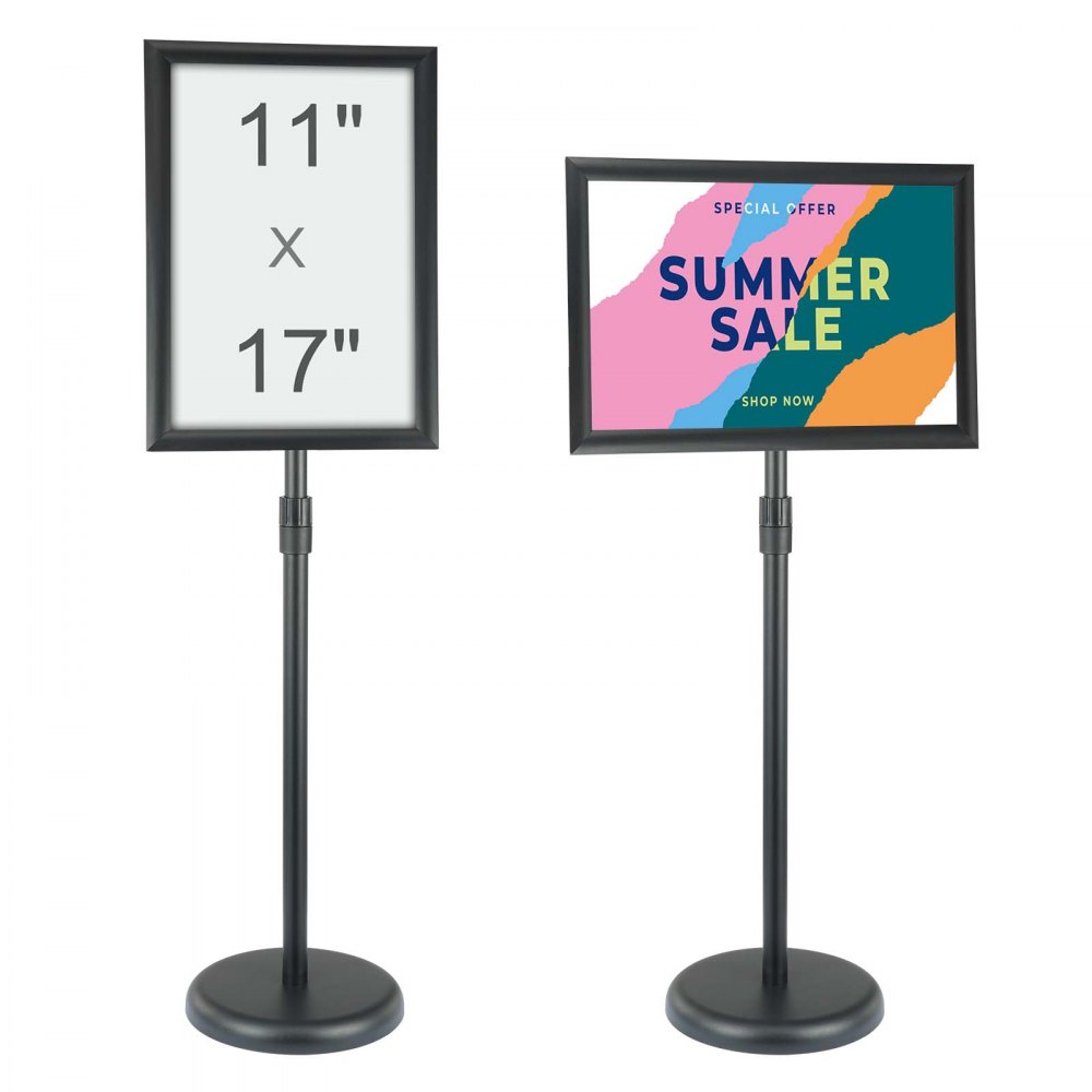 VEVOR Pedestal Sign Holder, 11 x 17 Inch Vertical and Horizontal Adjustable Poster  Stand, Heavy-Duty Floor Standing Sign Holder with Round Base for Display,  Advertisement, and Outdoor, Black VEVOR US