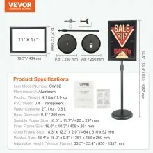 VEVOR Pedestal Sign Holder, 11 x 17 Inch Vertical and Horizontal Adjustable Poster Stand, Heavy-Duty Floor Standing Sign Holder with Round Base for Display, Advertisement, and Outdoor, Black