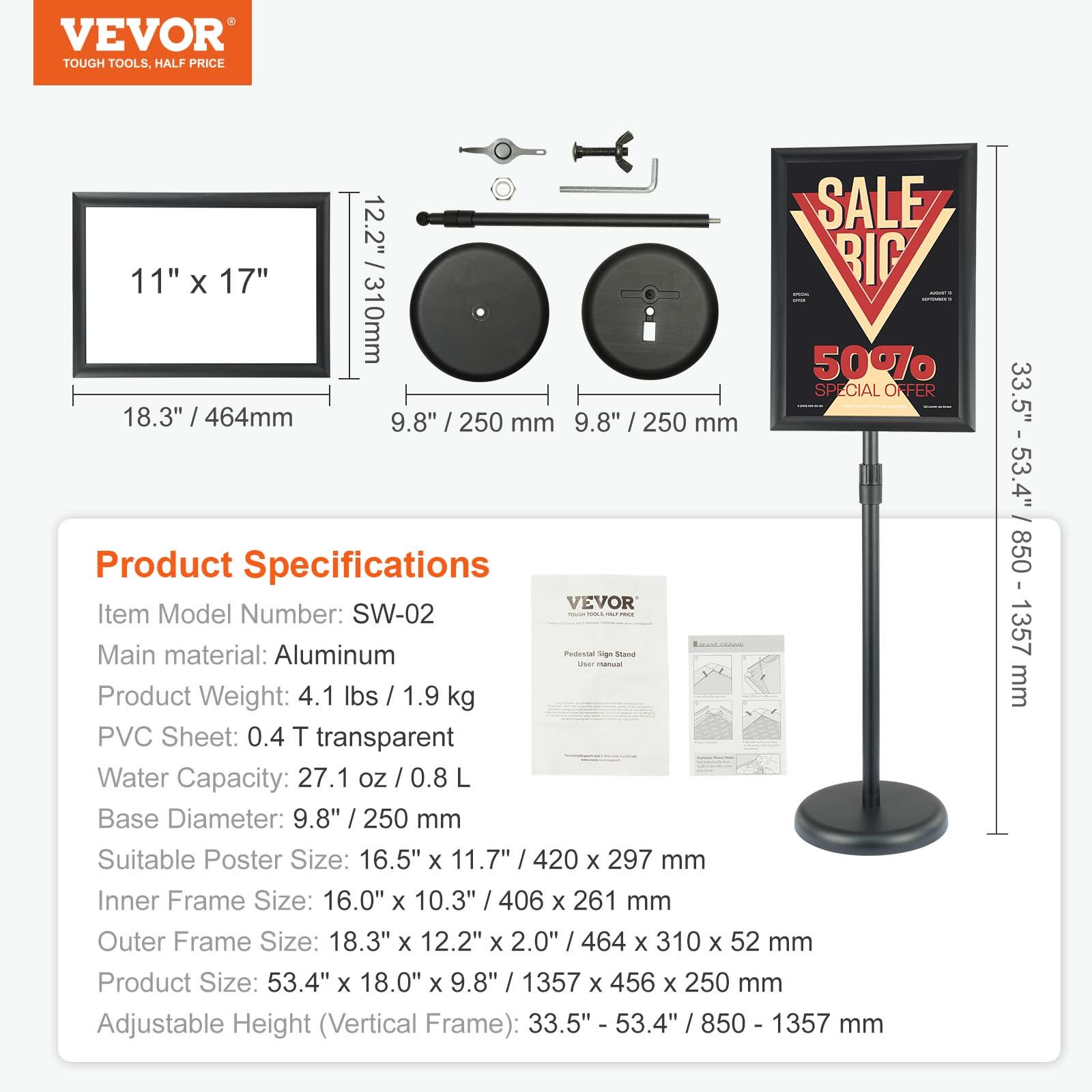 VEVOR Pedestal Sign Holder Adjustable Poster Stand 11 x 17 Inch Round Base
