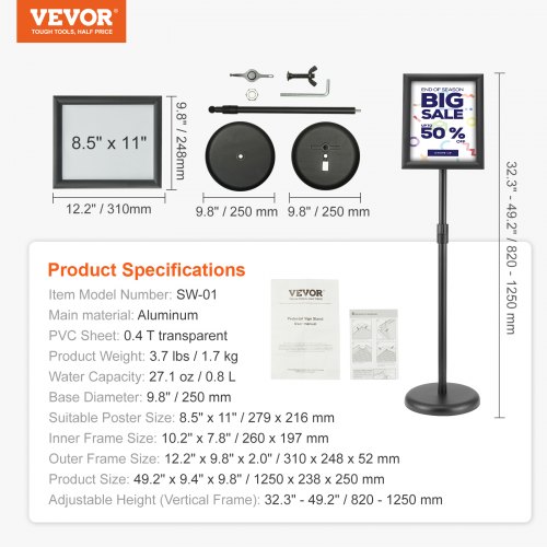 VEVOR Posterhouder, 10 190,5 mm, in hoogte verstelbaar, standaard VEVOR Posterhouder, 10 190,5 mm, in hoogte verstelbaar, standaard