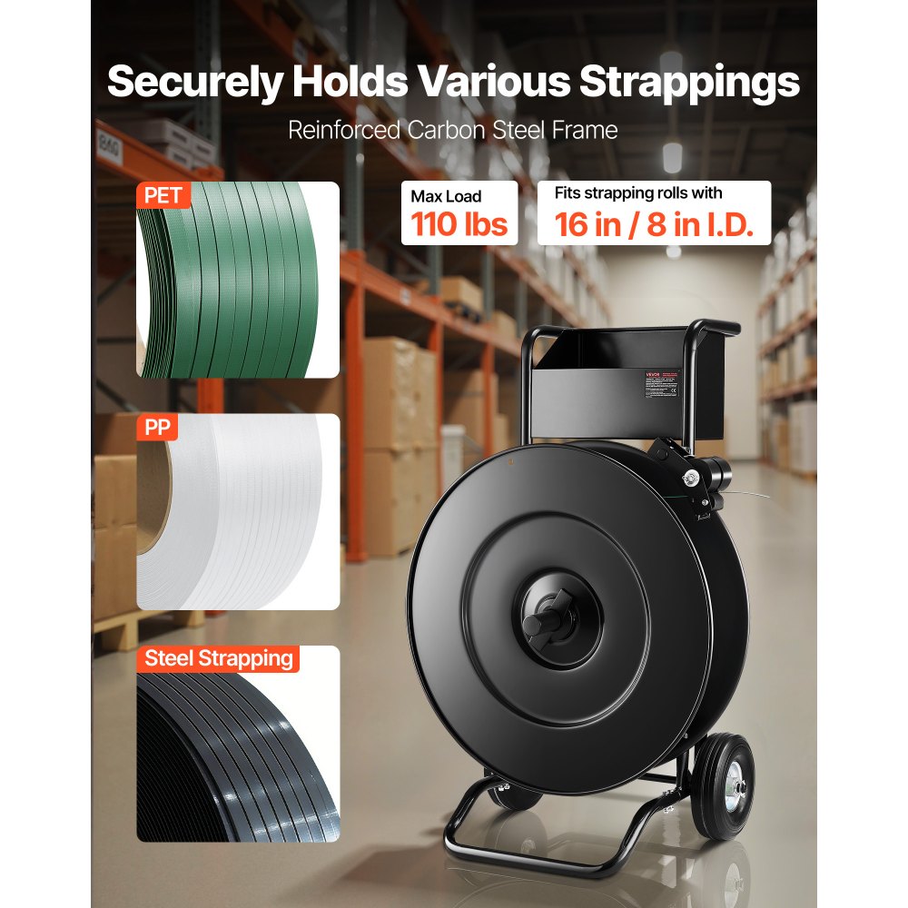 VEVOR Banding Strapping Cart, Fit for PET / PP / Steel Strapping Coils with 20.3/40.6 cm Core Size, Heavy Duty Strapping Dispenser Equipped with Upgrade Drum Brake, Built-in Spacious Tray for Tools