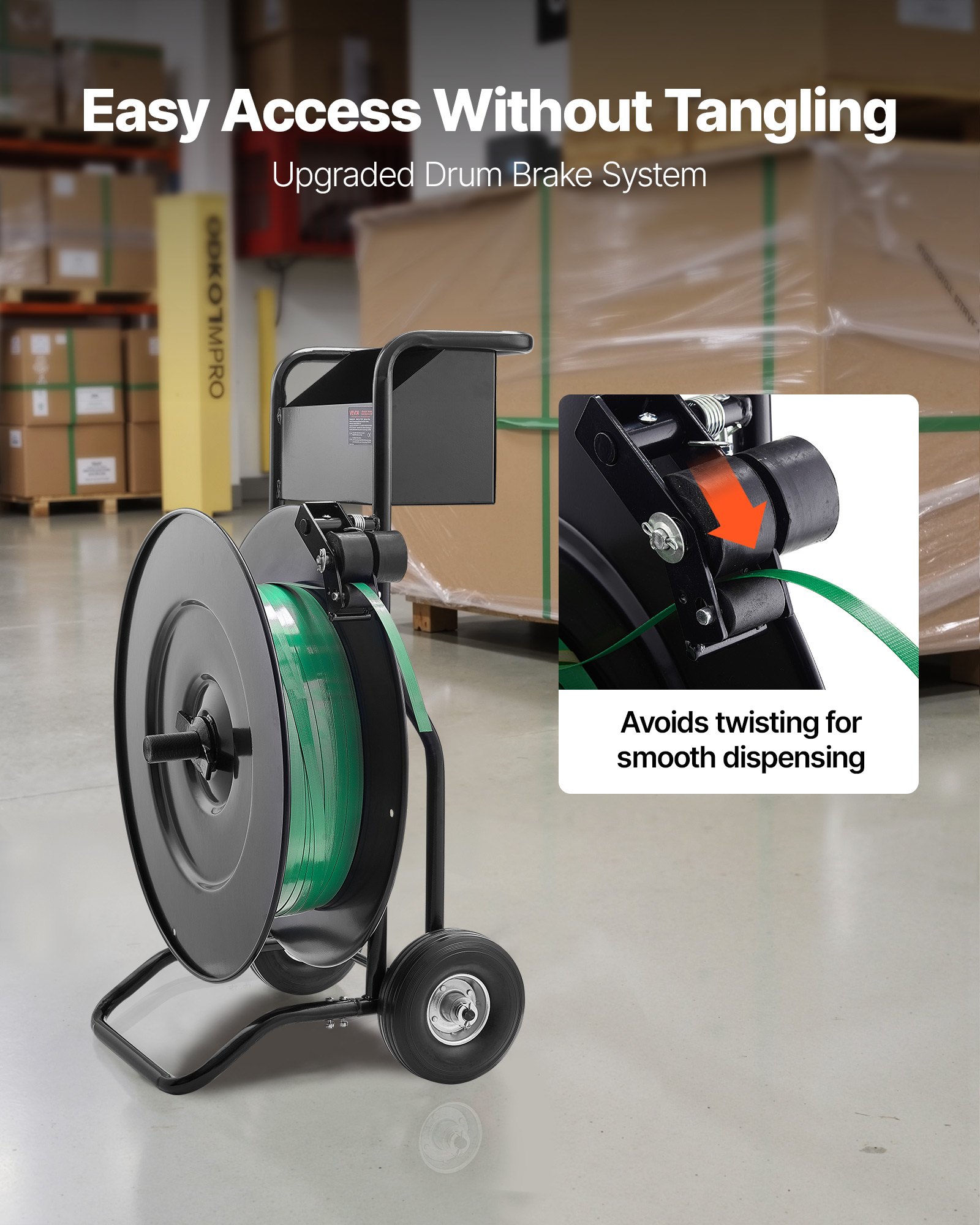 VEVOR Banding Strapping Cart, Fit for PET / PP / Steel Strapping Coils with 20.3/40.6 cm Core Size, Heavy Duty Strapping Dispenser Equipped with Upgrade Drum Brake, Built-in Spacious Tray for Tools